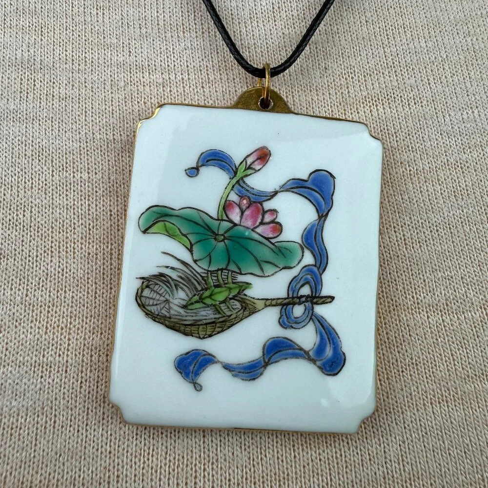 Vintage Chinese Hand Painted Porcelain Lotus Pendant on NEW Black Cord 22.5